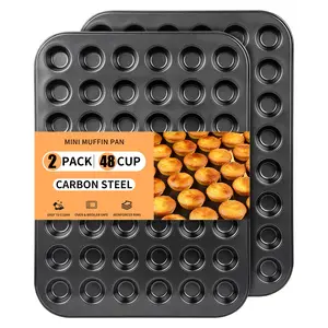 2 Pack × 48 Cup Heavy Duty Steel Nonstick Mini Muffin Pan, Black 48 Mini Small Tiny Cups, Cupcake Baking Pan Molds for Dishwasher Oven