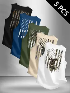Men's Summer Casual Loose Sleeveless Tank Top, Camouflage Flag Deer Head Design, 5-Piece Set, Classic Colors for Outdoor Activities, Vest Top, Sports