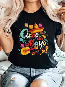 Cinco De Mayo T-Shirt - Graphic Tee for Mexican Celebration Featuring Maracas, Sombrero, And Guitar Design - Bright Colorful Applique Text - 100% Polyester Casual Round Neck Tee for Both Men And Women - Machine Washable - Unisex Style for Summer 202