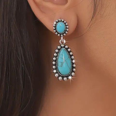 Fashion Trendy Vintage Ethnic Cultural Influence Design Turquoise Teardrop Water Drop Earrings, Casual Style Lightweight Zinc Alloy Jewelry, All Seasons Accessory for Women