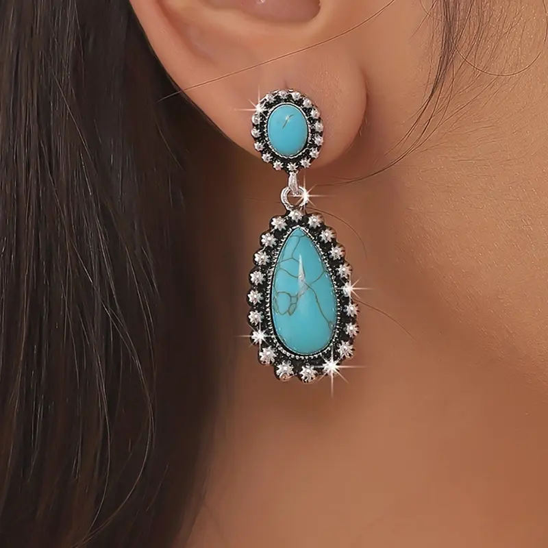 Fashion Trendy Vintage Ethnic Cultural Influence Design Turquoise Teardrop Water Drop Earrings, Casual Style Lightweight Zinc Alloy Jewelry, All Seasons Accessory for Women