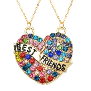 BFF Necklace for 2, Best Friend Necklaces, Valentines Day Gifts Split Heart Rhinestone Friendship Necklaces Engraved Pendant