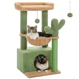 Cat Tree 33" Cute Cactus Cat Scratching Posts Tower with Large Top Perch and Hammock for Medium Indoor Cats, Green cat tree