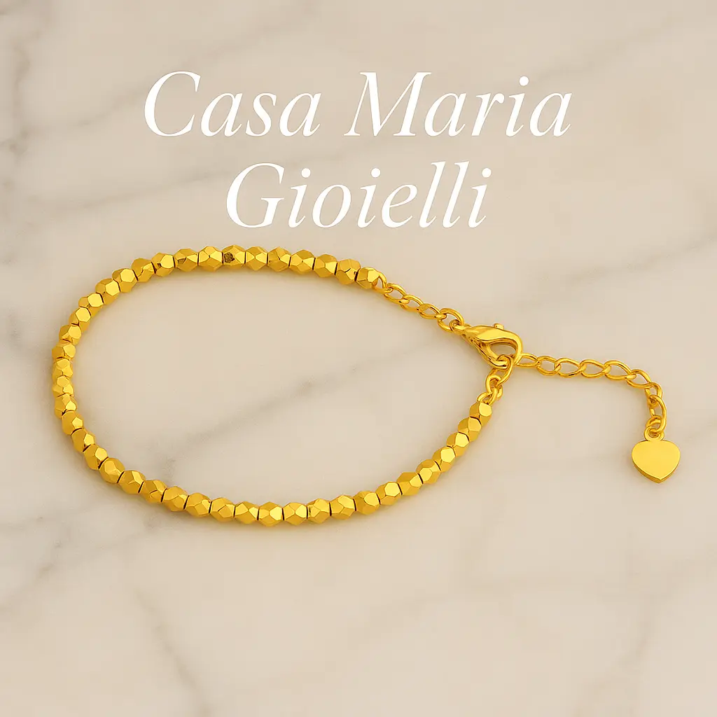 Casa Maria Gioielli Minimalist 18-Karat AU999 Solid Gold Beaded Adjustable Bracelet with Heart Charm, Golden Tone Fine Real Gold Jewelry for Platinum Bracelet Collections, Golden Tone Bracelet