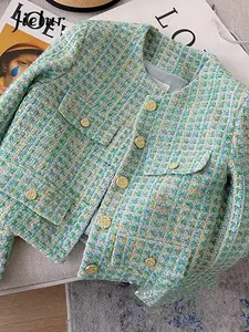 Elegant Luxury Green Plaid Tweed Jacket Women French Vintage New Spring Autumn Casual Blazers High Street Short Suit Coat