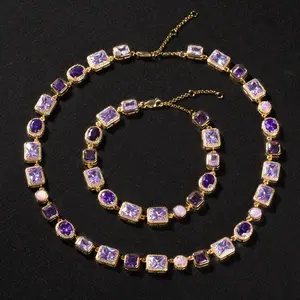 18K Gold Plated Purple Crystal Geometric Necklace, Luxury Hip Hop Jewelry for Men Women, Ice Out Violet Stone Pendant Chain, Modern Designer Style Accessory, Y2K Urban Fashion Necklace, Minimalist Streetwear Jewelry, Rich Aesthetic Unisex Chain, Cool Gift