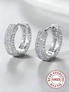 S925 Sterling Silver Sparkling Zircon Hoop Earrings - Gold and Silver, with Black Ear Clips, Fashionable Earrings; Stylish and Luxurious, Suitable for Parties and Daily Wear, Ideal as a Gift for Banquets and Galas, and Perfect as a Christmas Gift