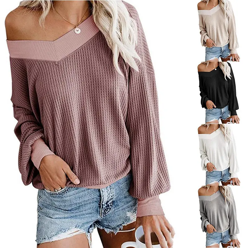 Off-Shoulder Waffle Knit Sweater, popular V-neck long-sleeve knitted pullover, loose-fitting spring and autumn sweater for women