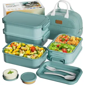 Adults Bento Box with Bag, 74oz Capacity 3 Stackable Leak-Bento Box-In Utensil and Sauce, PFAS & BPA-Free, & Dishwasher Safe (Mint Green)