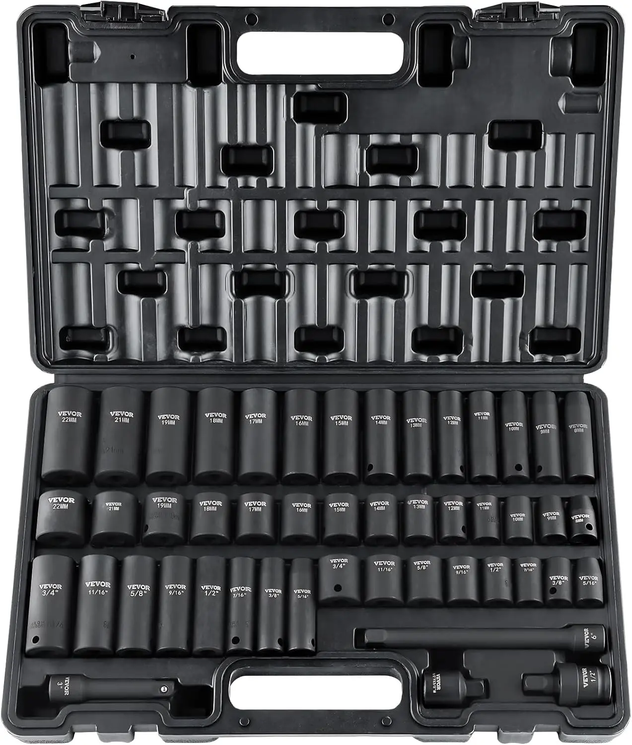 Impact Socket Set 3/8" Drive, 48-Piece Standard SAE (5/16 to 3/4 inch) & Metric (8 to 22 mm) Size, Deep & Shallow, 6 Point, CR-V, Extension Bar, Universal Joint, 1/2" F to 3/8" M Reducer