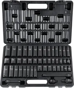 Impact Socket Set 3/8" Drive, 48-Piece Standard SAE (5/16 to 3/4 inch) & Metric (8 to 22 mm) Size, Deep & Shallow, 6 Point, CR-V, Extension Bar, Universal Joint, 1/2" F to 3/8" M Reducer