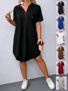Women's Plus Size Half Zip Hoodie Dress Short Sleeve Casual T-Shirt Dresses Curved Hem Drawstring Loose Fit Tummy Control Loungewear Athleisure Daily Outfits Trendy Womenswear Adjustable