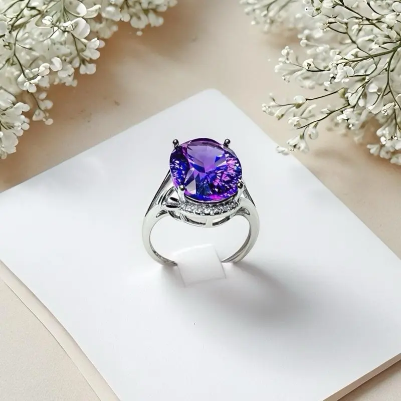 Natural Genuine Amethyst Oval Faceted Statement with Adjustable S925 Sterling Silver Ring