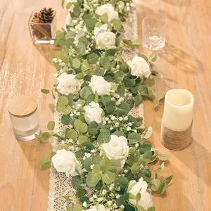 5.91FT Artificial Eucalyptus Garland with Flowers, Fake Flower Rose Gypsophila, Faux Floral Greenery Garland for Wedding Spring Home Party Craft Art Table Runner Decor