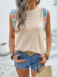 Women's Patchwork Round Neck Tank Top, Boho Sleeveless Casual Top for Summer, Ladies Clothes for Daily Wear, Casual Elegant Sleeveless