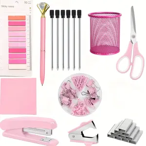 11 Pcs Pink Office Supplies Set Mesh Desk Organizer Accessories Kit Include Stapler Tape Dispenser Staple Remover Clips Ruler Scissors Sticky Notes for Office Home Adhesive Stickers Art Materials