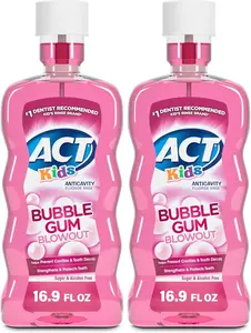 ACT Kids Anticavity Fluoride Mouthwash, Sugar & Alcohol Free Mouth Rinse Strengthens Teeth, Bubble Gum Blowout, 16.9 fl. oz. (Pack of 2)