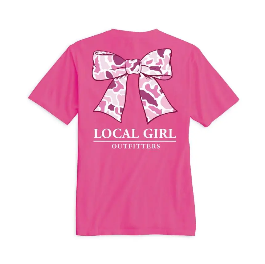 Retro Youth and Adult Pink Localflage Camo Bow T-Shirt, Fashion Cute Conquette Girl Western Southern Style, Girl Trip, Graphic Tee
