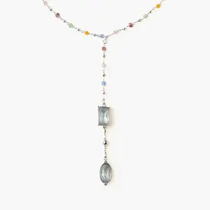 en route Celestial Lariat Necklace in Silver, Chic Colorful Stone Jewelry in Lariat Style, Versatile Jewelry for Layering, Everyday Wear or Statement Styling