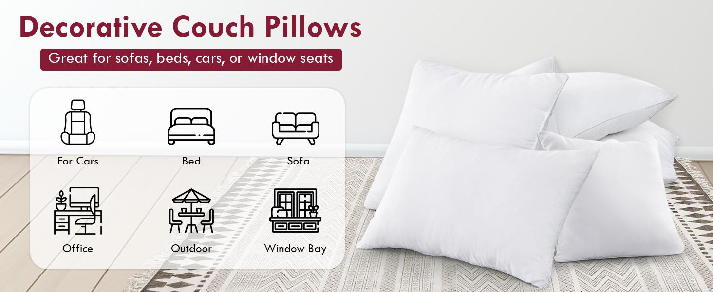 4-Pack White Cushions - Throw Pillows, Soft Cozy Fluffy Cushion Inserts -Hypoallergenic Filled Square Lightweight Stuffer Pillows for Living Room Bedroom, Home Decor 100% Polyester Microfiber Fabric