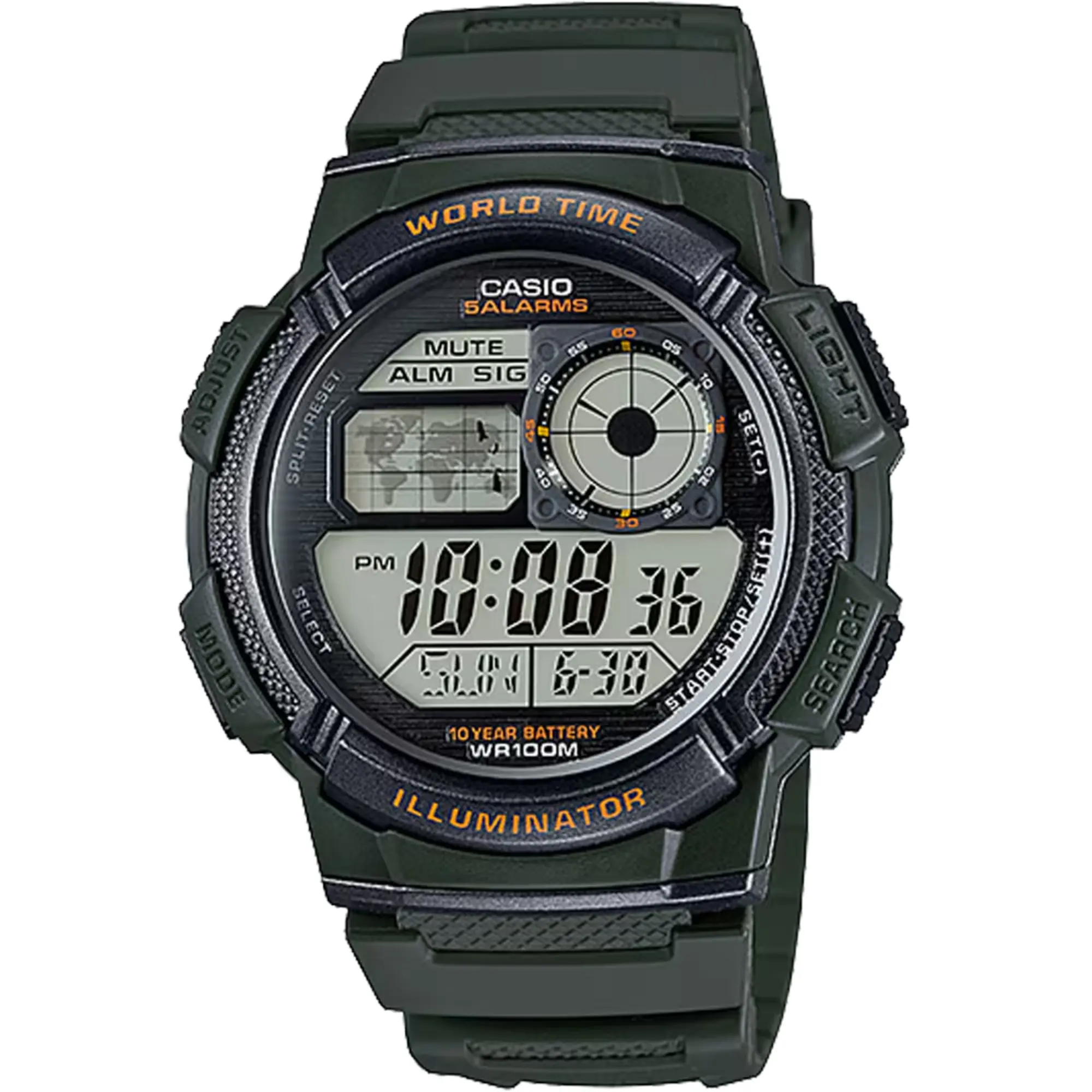 Casio Men’s World Time Green Resin Digital Watch - AE-1000W-3AVCF