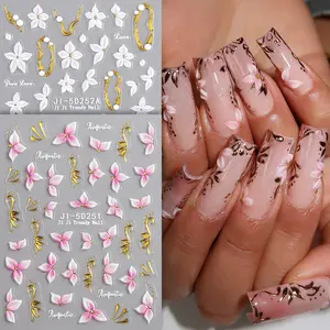 5D Embossed Pink Flower Nail Stickers Set, Relief White Blooming Petals with Gold Accents Self-Adhesive Floral Nail Art Decals for Spring Summer, Bridal Wedding Manicure Decorations, DIY Salon Supplies