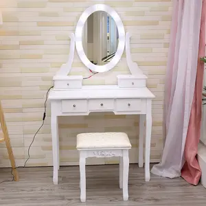YJ-Girls Makeup Vanity, Modern Vanity Set with Lighted Mirror and Cushioned Stool, Make Up Table with 5 Drawers for Bedroom, Dressing Table for Kids Women