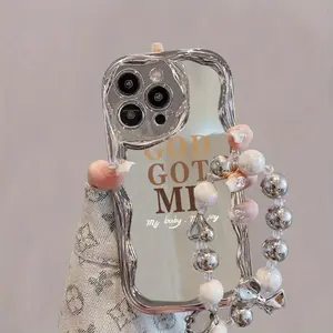 Mirror Smartphone Case with Beaded Chain, Shockproof Protection Phone Protective Cover, Phone Accessory Compatible with iPhone 16 15 14 13 12 11 Plus Pro Max, Casing