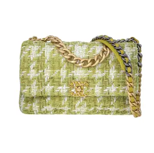 Pre-owned CHANEL Tweed Crossbody Bags Woven 19 Flap Large Green