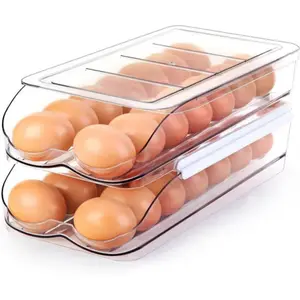 Egg Holder for Fridge Automatic Rolling Egg Container for Refrigerator Stackable Fridge Organizers and Storage with Lid Clear Plastic Egg Dispenser & Tray 2 Tier