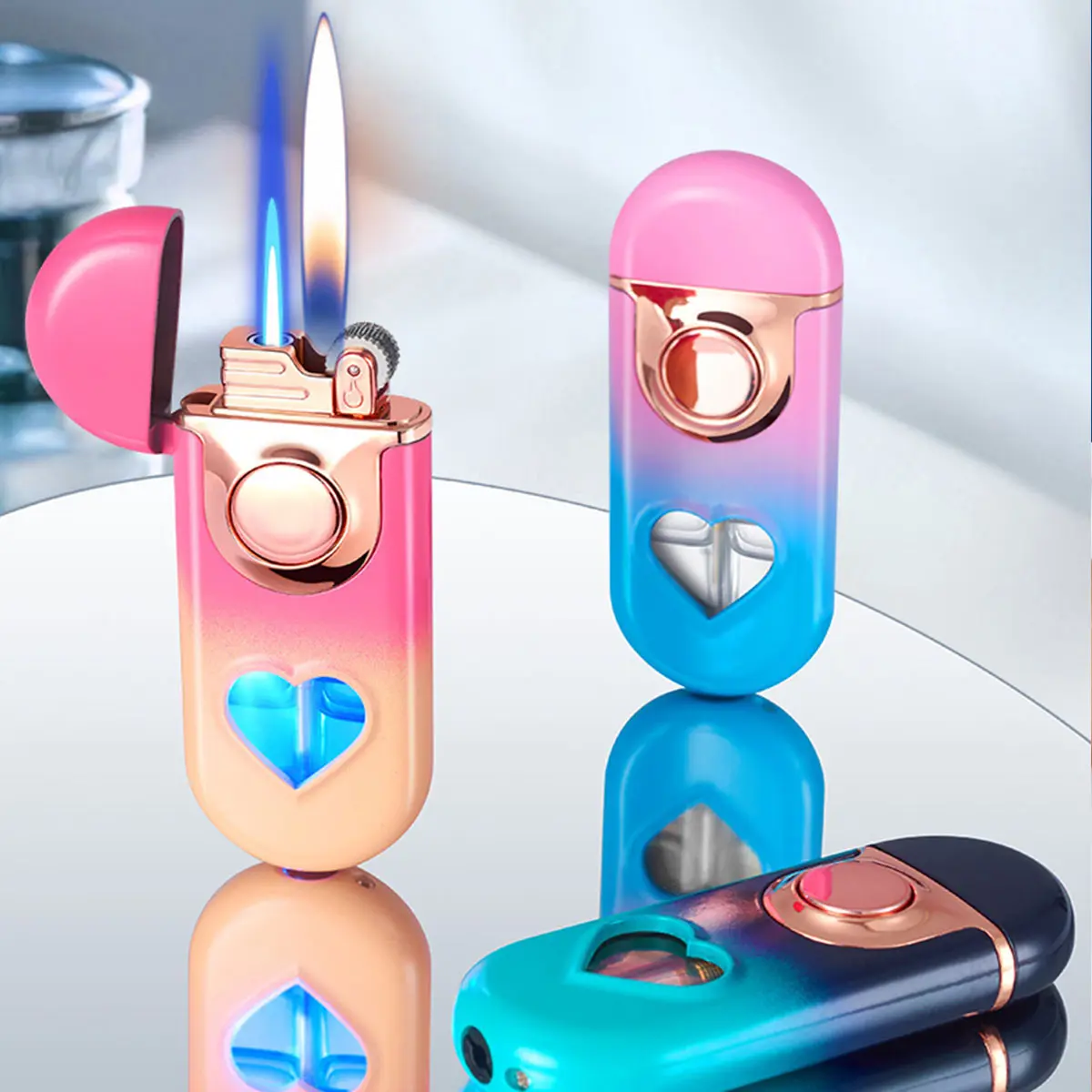 【Without Butane】Love Heart Air Window Creative Double Flame Lighter with LED Blue Light Direct Jet Open Flame Adjustable Flame Size Reusable Gift Box Packaging for Creative New Year&Valentine's Day,Anniversaries,Birthday Gifts for Girlfriend&Best Friends
