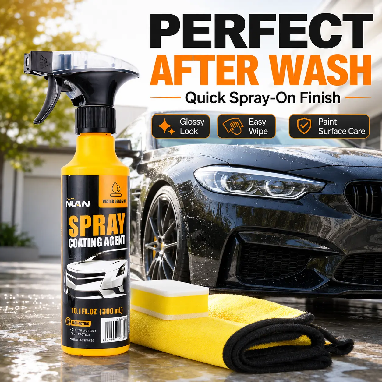 NUAN Car Coating Spray - Universal Fit Hydrophobic Water Bead Detailer for Car Paint, High Gloss Shine, 10.1 fl oz, Water Beads