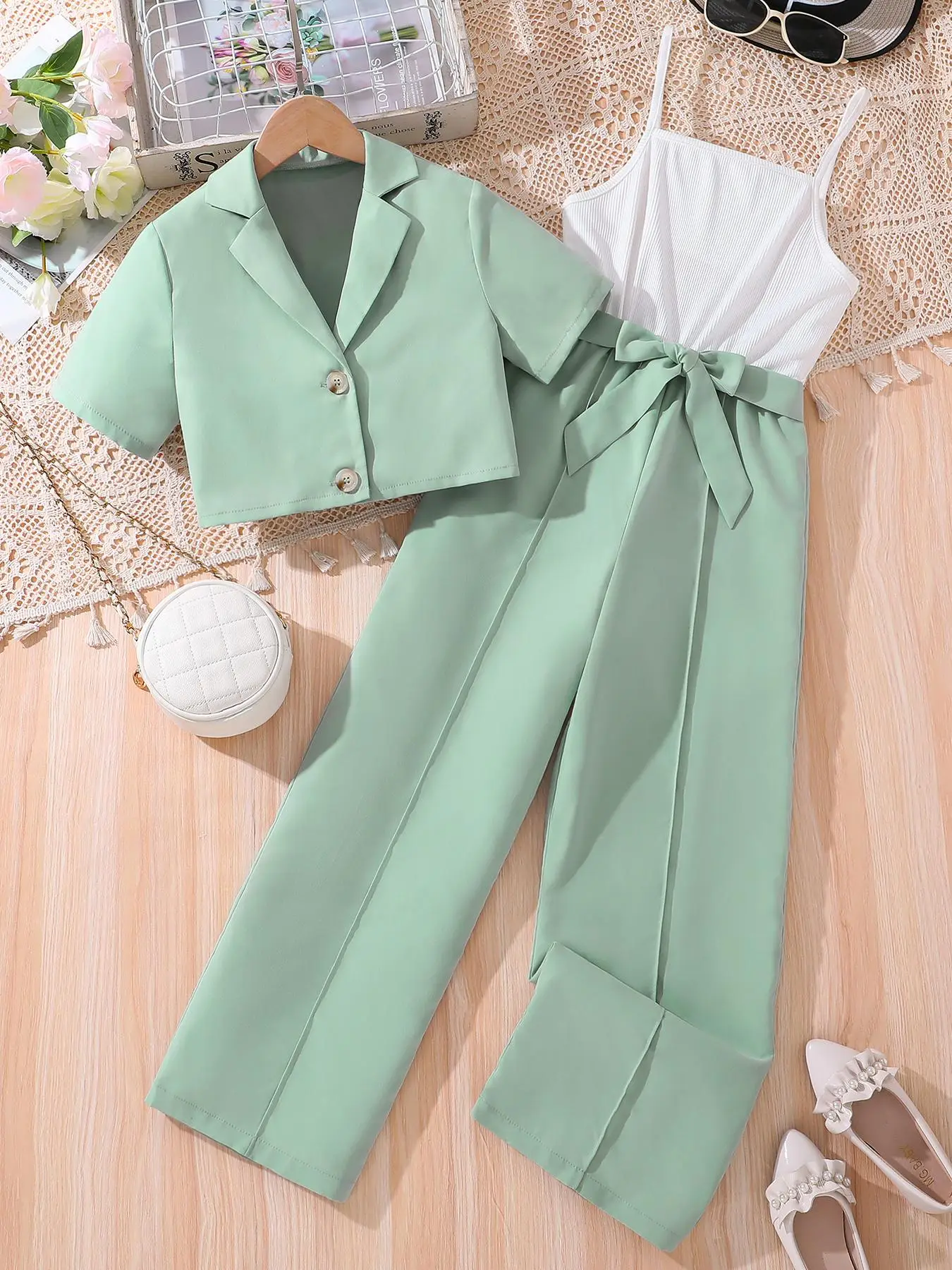 Girl's Solid Button Front Lapel Neck Crop Blazer & Belted Cami Jumpsuit Two-piece Set, Casual Short Sleeve Jacket & Jumpsuit for Summer, Kids Clothes