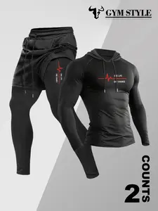 Men's Hooded Long Sleeve T-Shirt + Faux Two-Piece Pants Set, Outfit, Sporty Set, Athletic Activewear, Casual Fall & Winter, Moderate Fabric, Fitted Style