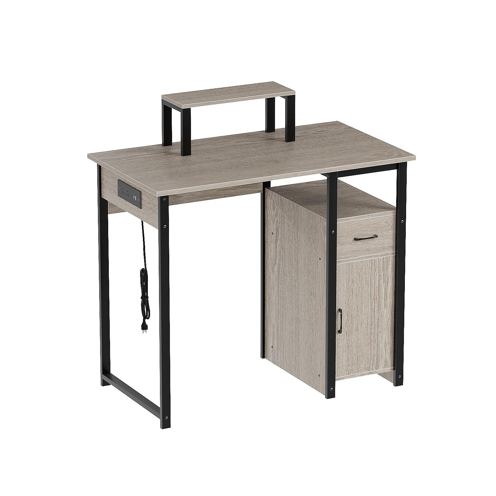 Computer Desk with Power Outlets and Monitor Stand, Small Home Office Desk with Storage Drawer & Cabinet, Compact Study Writing Desk PC Workstation for Small Spaces