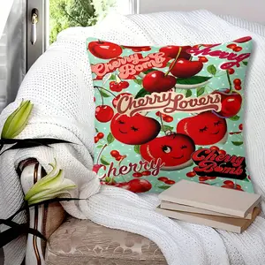 Whimsical Cherry Bomb Throw Pillow featuring Colorful Digital Print, Playful Cartoon Smiling Cherries & Retro Typography, 45cm Square with Inner Cushion, Stylish Cushion for Sofa & Bedroom, Vibrant Turquoise Background, Soft and Comfortable Design