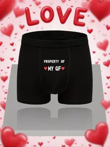 Men's Fitted Underwear with Property of My GF Print, Soft Breathable Knit Fabric, Casual All-Season Comfort Fit Gift for Boyfriend, Heart Print Boxers Briefs