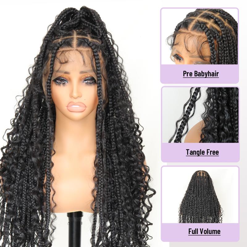 Boho Braided Wig 36Inch Full Lace Premium Synthetic Knotless Box Braid Wig with Baby Hair Bohemian Curly Ends