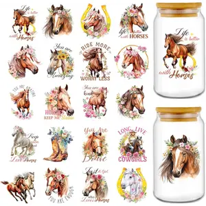 UV DTF Cup Wrap - 20 Sheets Horse UVDTF Cup Wraps for 16 oz Glass Cups, Waterproof Western Decals for Mugs Water Botters, Flower Rub on Transfer Stickers, DIY Crafts