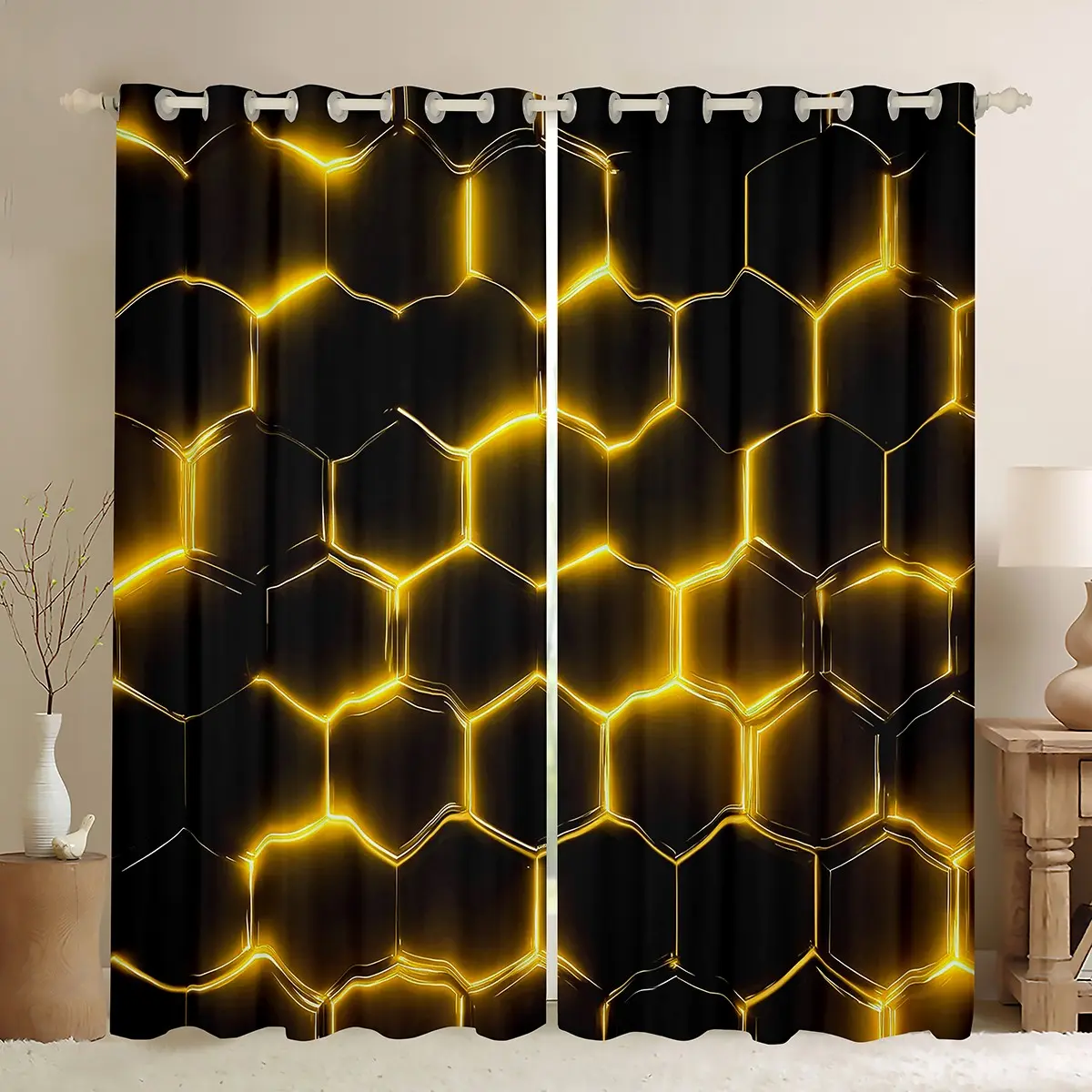 Feelyou 2-Panel Honeycomb Geometric Window Curtains - Yellow and Brown Neon Lights Drapes, Black 2-Panel Curtains for Kids' Bedroom Decor, Two-Panel Curtains