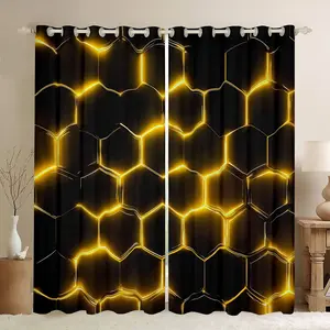 Feelyou Honeycomb Pattern Geometric Window Curtains - Yellow and Brown Neon Lights Drapes, 2-Panel Set for Kids' Bedroom Decor (Black)
