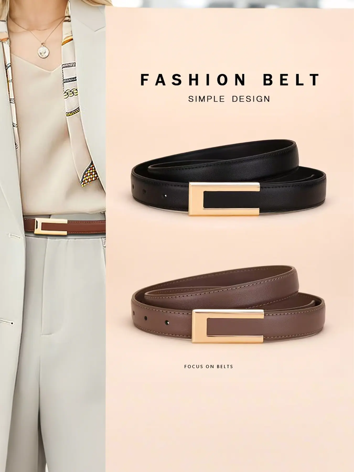 2 Pieces Vintage Thin Leather Belts, Classic Versatile Waistband, Rectangular Alloy Buckle Design Fashion Belt, Suitable for Jeans, Suits and Dresses, Casual Style Belts