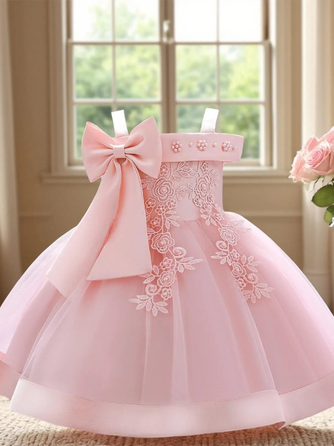 Infant Baby Girls Cold Shoulder Appliques Faux Pearls Big Bow Decor Tulle Dress, Elegant Contrast Mesh Infant Baby Girls Cold Shoulder Appliques Faux Pearls Big Bow Decor Tulle Dress, Elegant Contrast Mesh