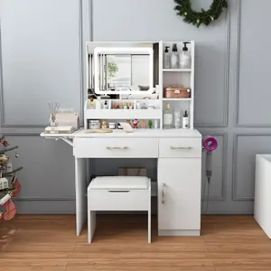 Makeup Vanity Desk with 3-Color Lighted LED Mirror, Modern Vanity Table with Expandable Top, Storage Cabinet, 2 Drawers & Storage Stool for Bedroom (White)