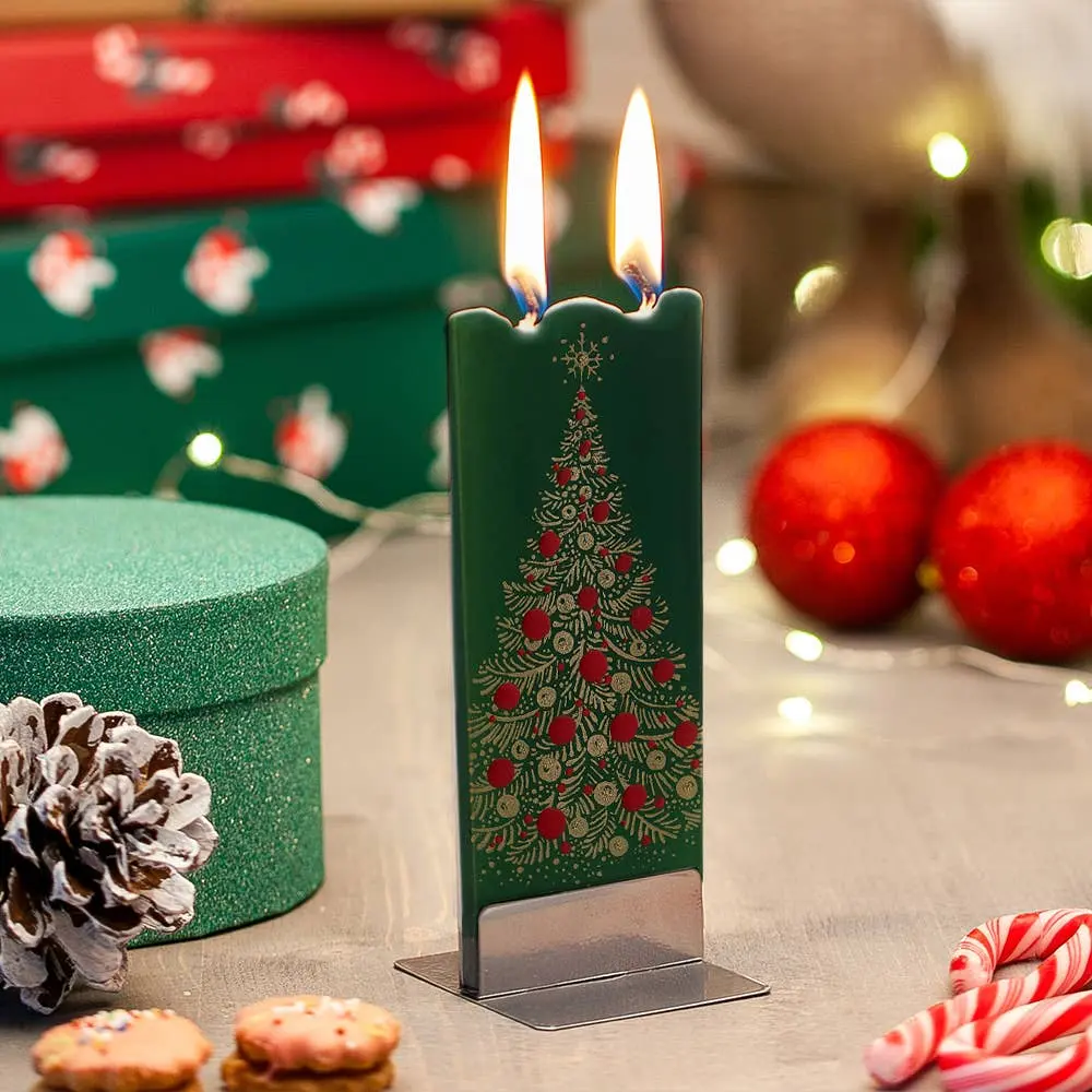 Christmas Time Is Here : Gold Christmas Tree On Green-Hand Painted Flat Candle