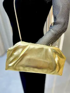 Sparkly Metallic Ruched Clutch, Unique Chain Shoulder Bag, Elegant Soft Clutch with Detachable Chain, Perfect for Parties & Weddings