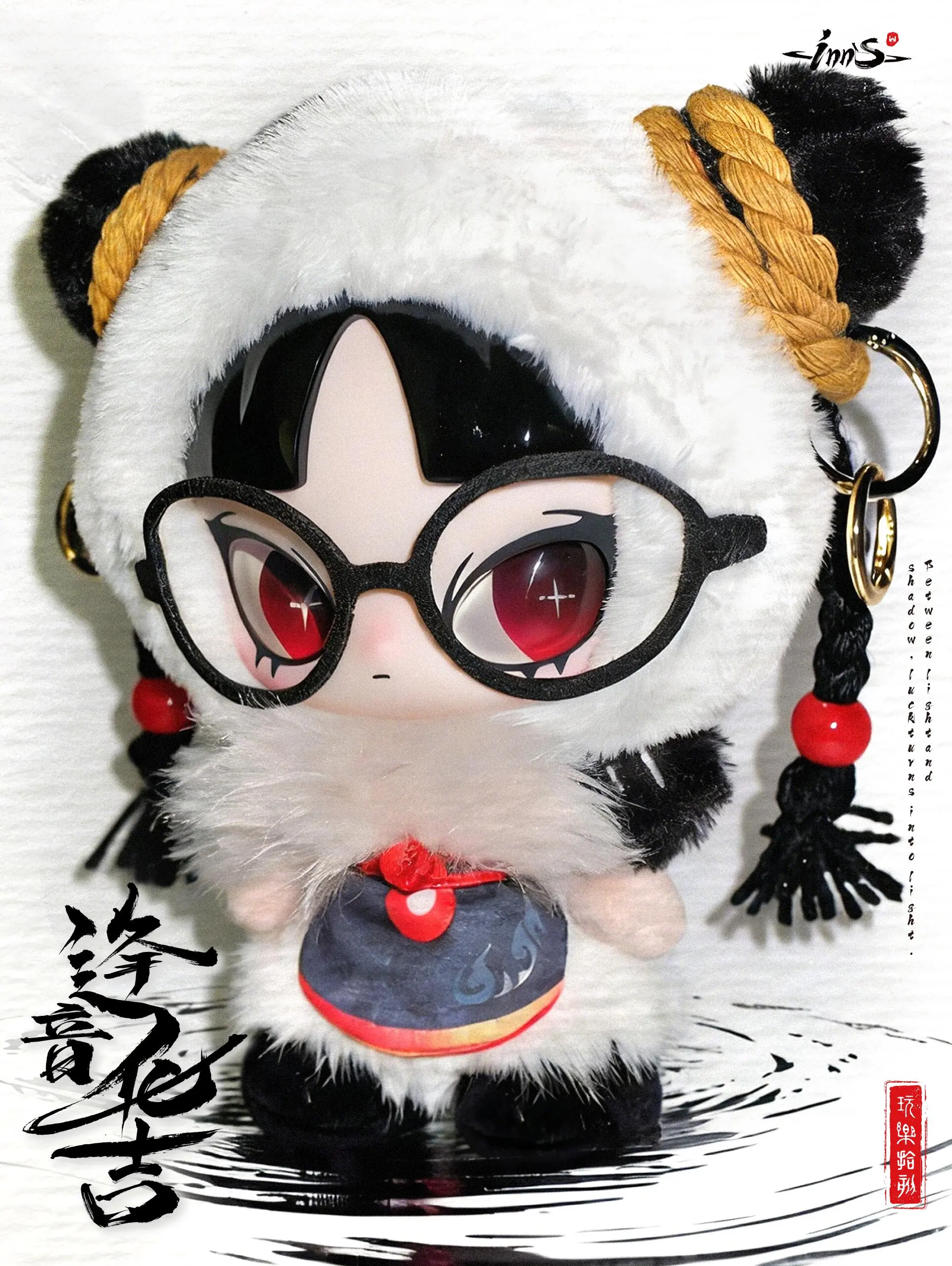 INNS-LUCKY Unisex Whimsical Stuffed Animal - Lucky Girl Design Adorable Black & White Spirit Buddies Figurine, Hanging Loop for Bag-Hanging, Compact Chinese Style Stress Relief Toy for Dressers Decoration