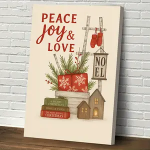 1pc, Festive Joy and Love Wooden Framed Canvas Painting - Christmas Decoration, Gift and Book Elements Canvas Print with Wooden Frame - Suitable for Home, Office or Store Decoration, Indoor Wall Art - Festive Atmosphere Decoration - Wooden Framed Art, Hom