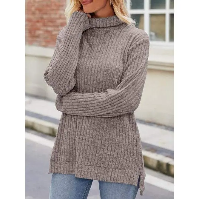 Ribbed Turtleneck Long Sleeve Slit Knit Top Basic Knitwear