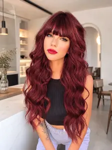 Burgundy Wig with Bangs for Women Long Burgundy Wavy Wigs 26 Inch Dark Red Wigs Natural Looking Heat Resistant Synthetic Wig for Daily Party Use